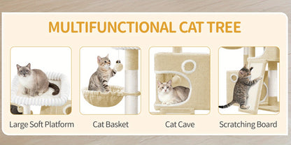 98cm Cat Tree, Cat Tower for Indoor Cats, Multi-Level Cats House Furniture with Scratching Post, 2 Caves, Large Platform, Scratching Ramp, Pompom, Light Grey