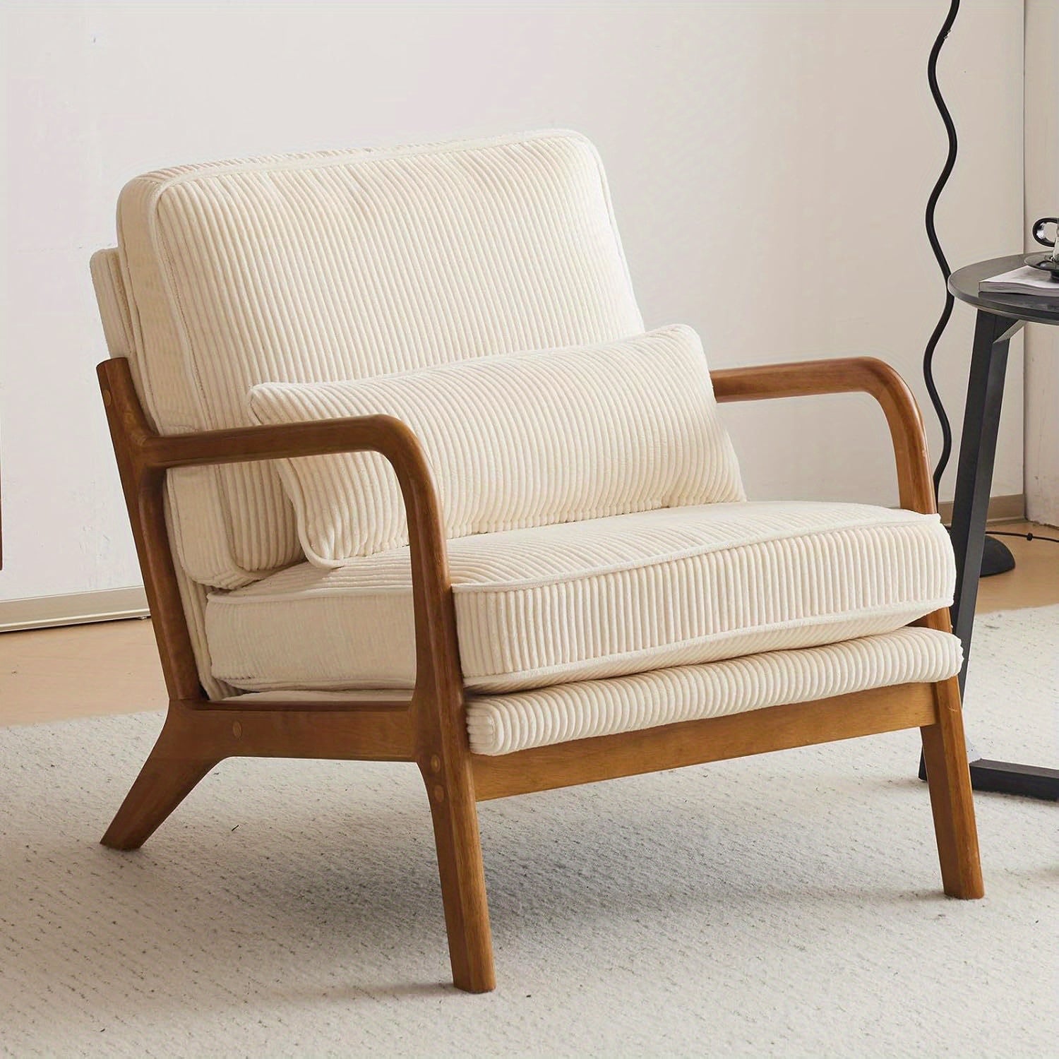 Accent Armchair with 16cm, Wood, Corduroy, Mid-Century Modern Cloud Lumbar Pillow Thick - Beige, Corduroy option