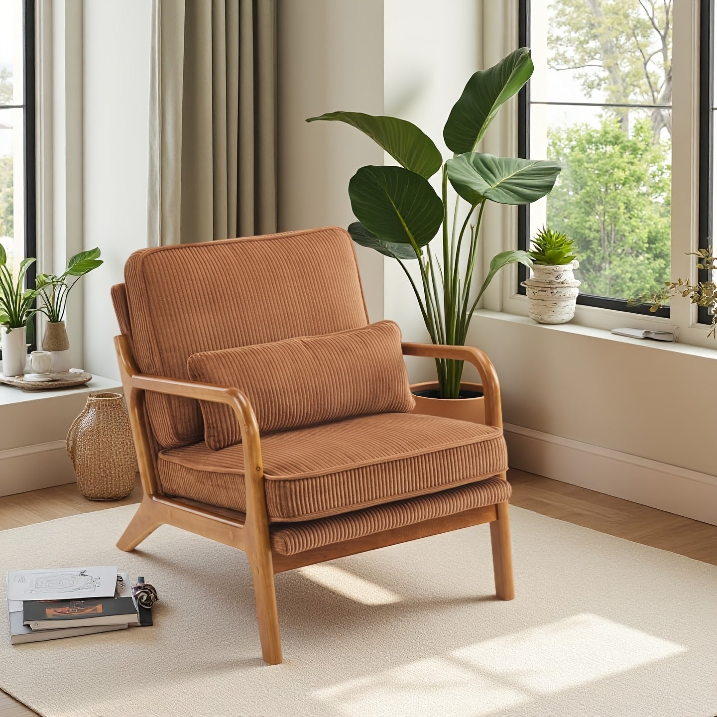 Accent Armchair with 16cm, Wood, Corduroy, Mid-Century Modern Cloud Lumbar Pillow Thick - Brown, Corduroy option