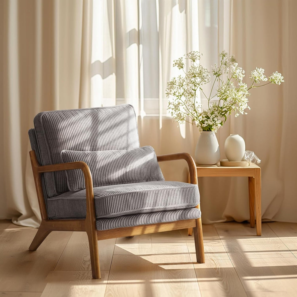 Accent Armchair with 16cm, Wood, Corduroy, Mid-Century Modern Cloud Lumbar Pillow Thick - product gallery image 2