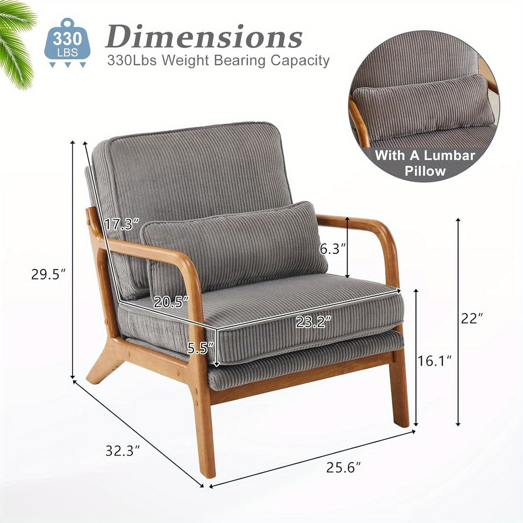 Accent Armchair with 16cm, Wood, Corduroy, Mid-Century Modern Cloud Lumbar Pillow Thick - product gallery image 4
