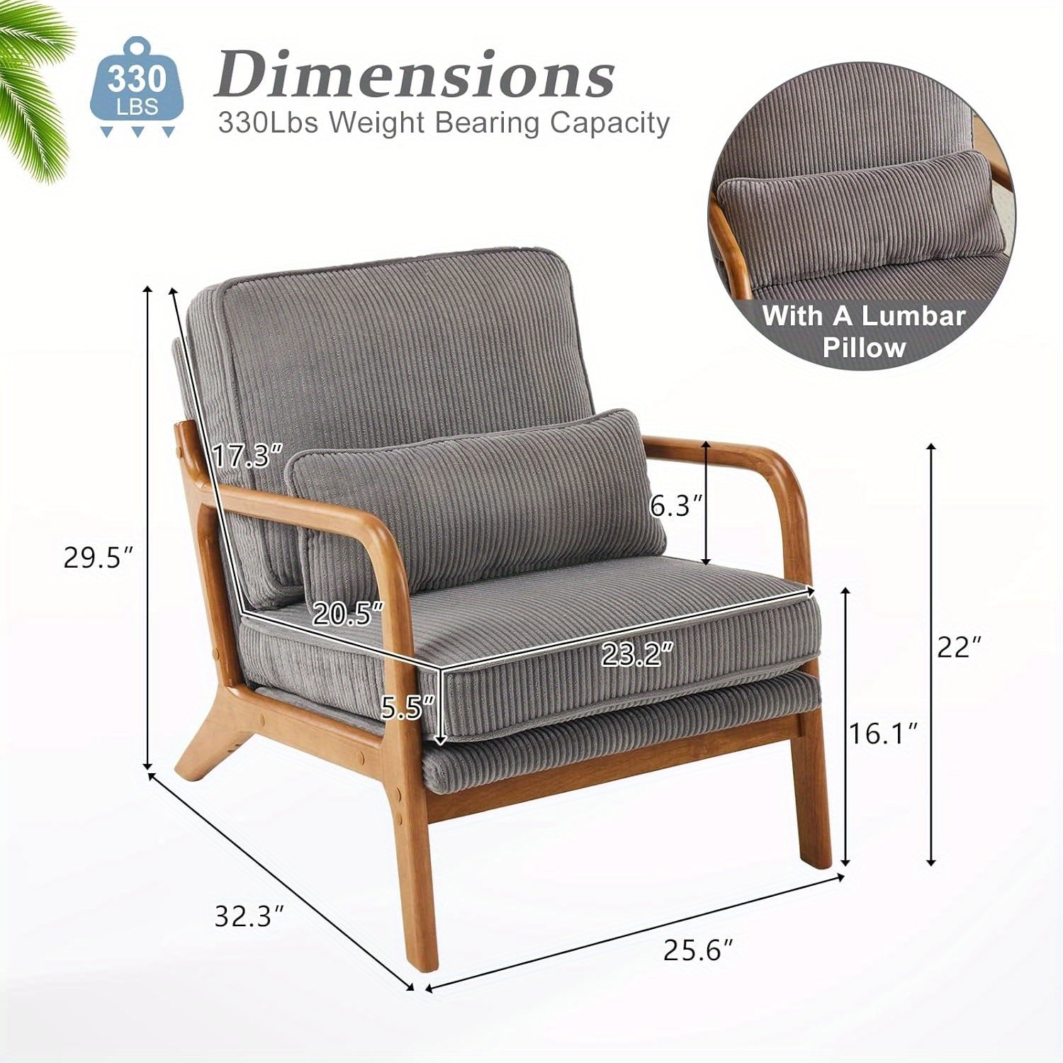 Accent Armchair with 16cm, Wood, Corduroy, Mid-Century Modern Cloud Lumbar Pillow Thick - product gallery image 4