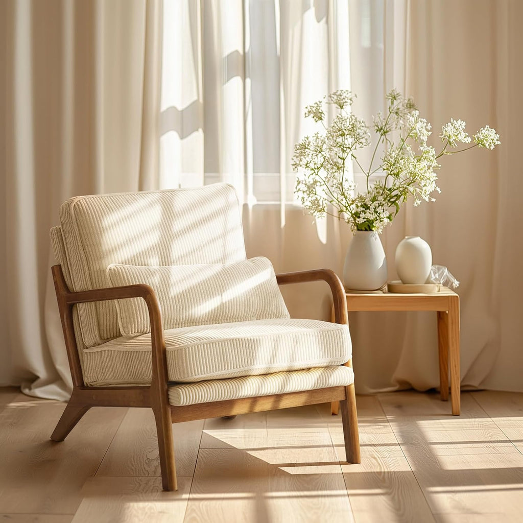 Accent Armchair with 16cm, Wood, Corduroy, Mid-Century Modern Cloud Lumbar Pillow Thick - product gallery image 6