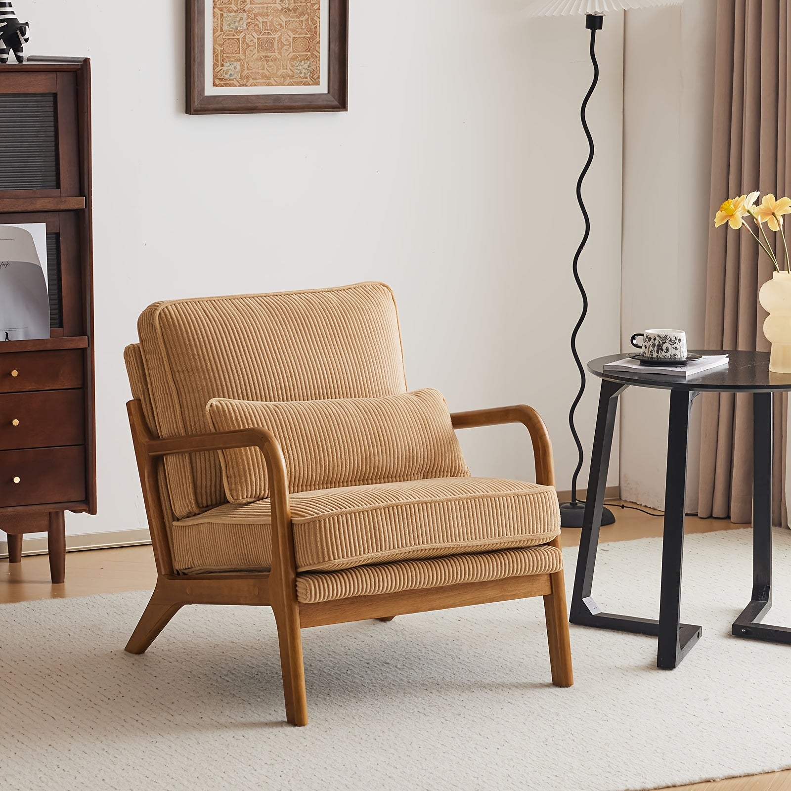 Accent Armchair with 16cm, Wood, Corduroy, Mid-Century Modern Cloud Lumbar Pillow Thick - Light Brown, Corduroy option