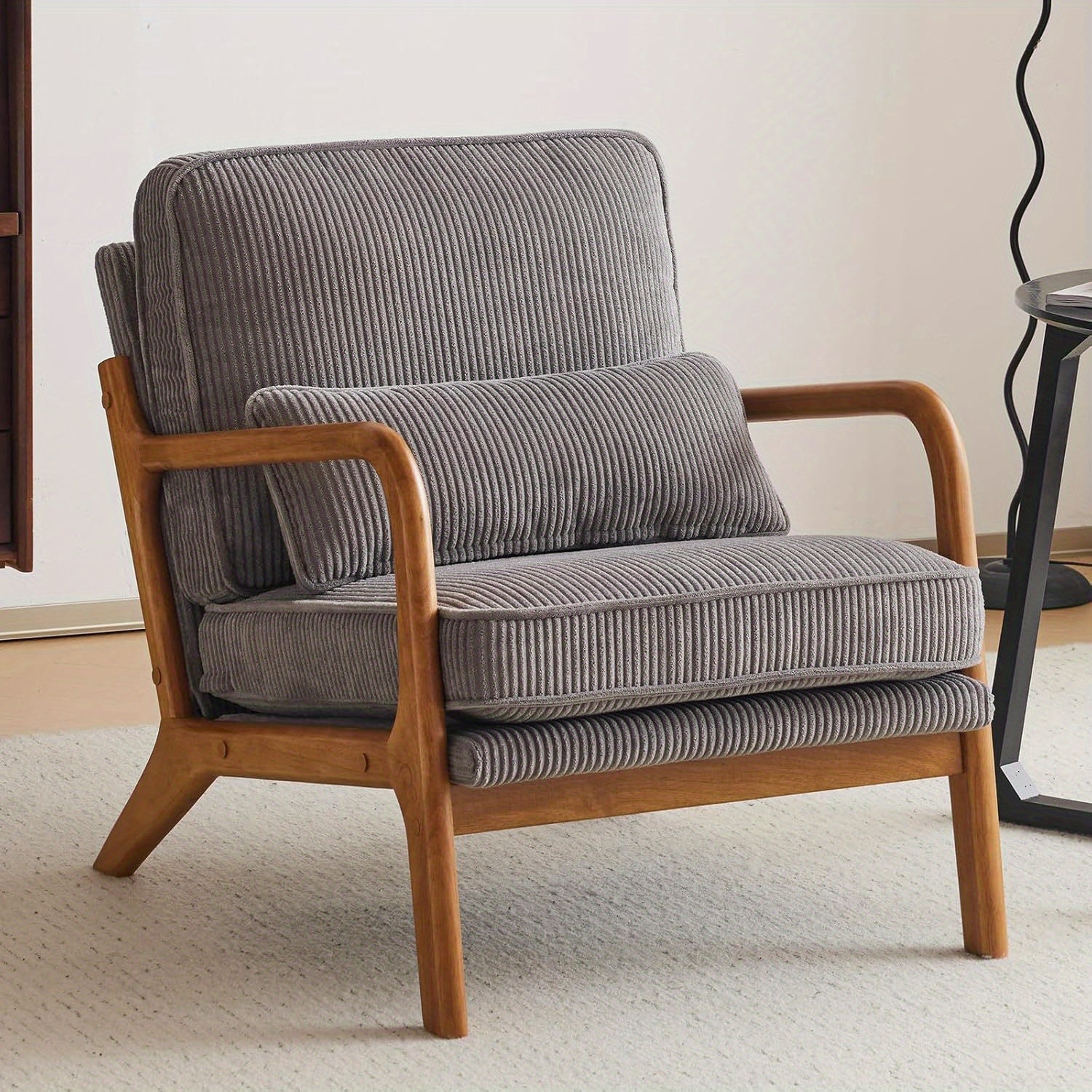 Accent Armchair with 16cm, Wood, Corduroy, Mid-Century Modern Cloud Lumbar Pillow Thick - Light Grey, Corduroy option