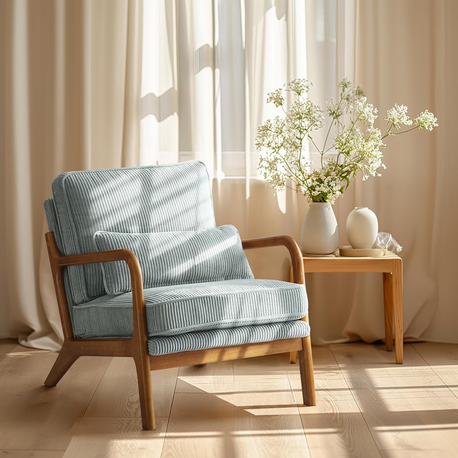 Accent Armchair with 16cm, Wood, Corduroy, Mid-Century Modern Cloud Lumbar Pillow Thick