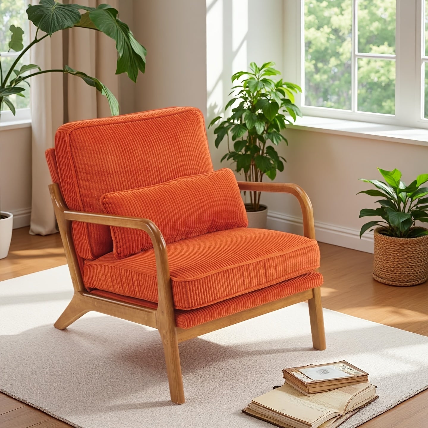 Accent Armchair with 16cm, Wood, Corduroy, Mid-Century Modern Cloud Lumbar Pillow Thick - Orange, Corduroy option