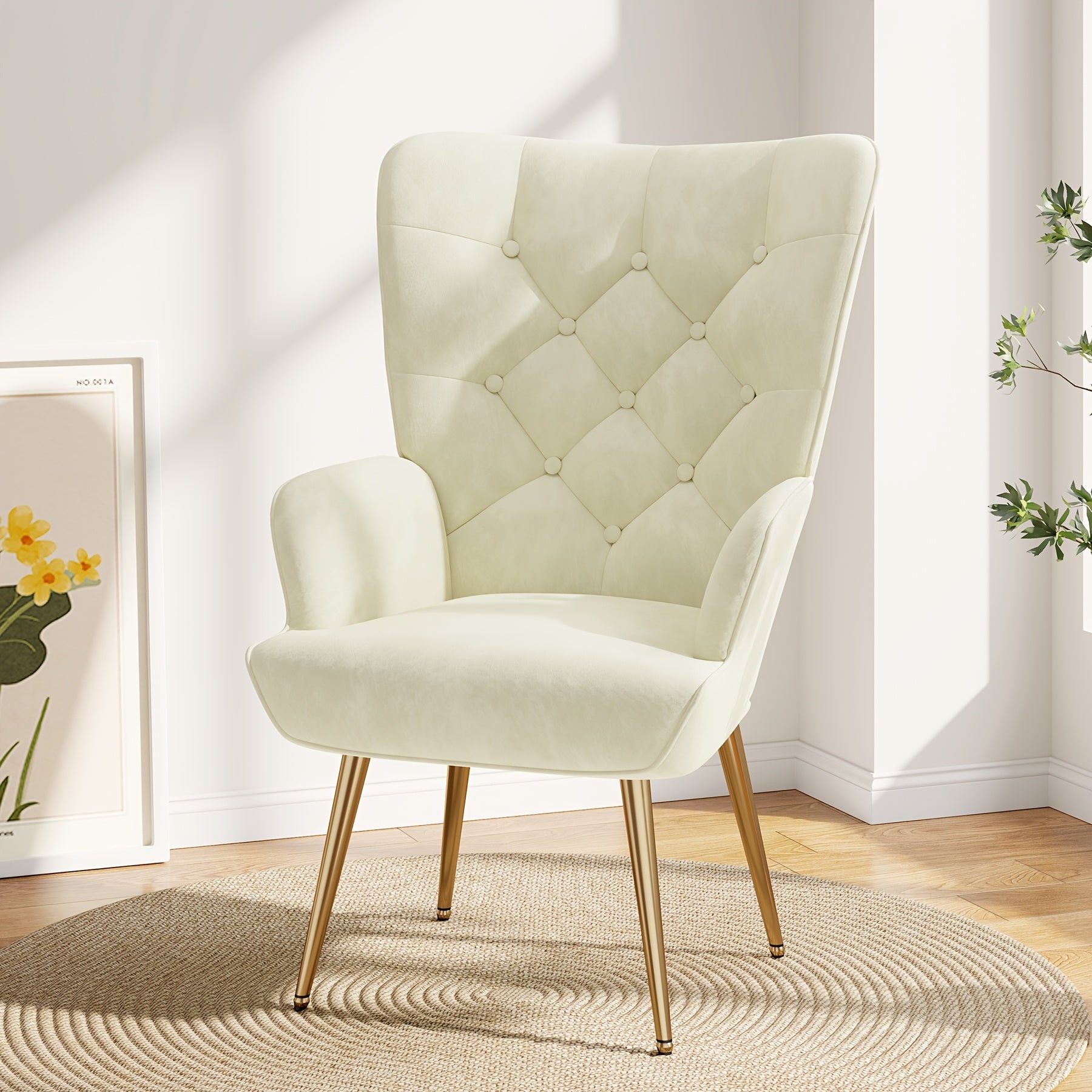 Accent Chair with Metal, Velvet Wingback Mid-Century High Back Metal - Beige Color option