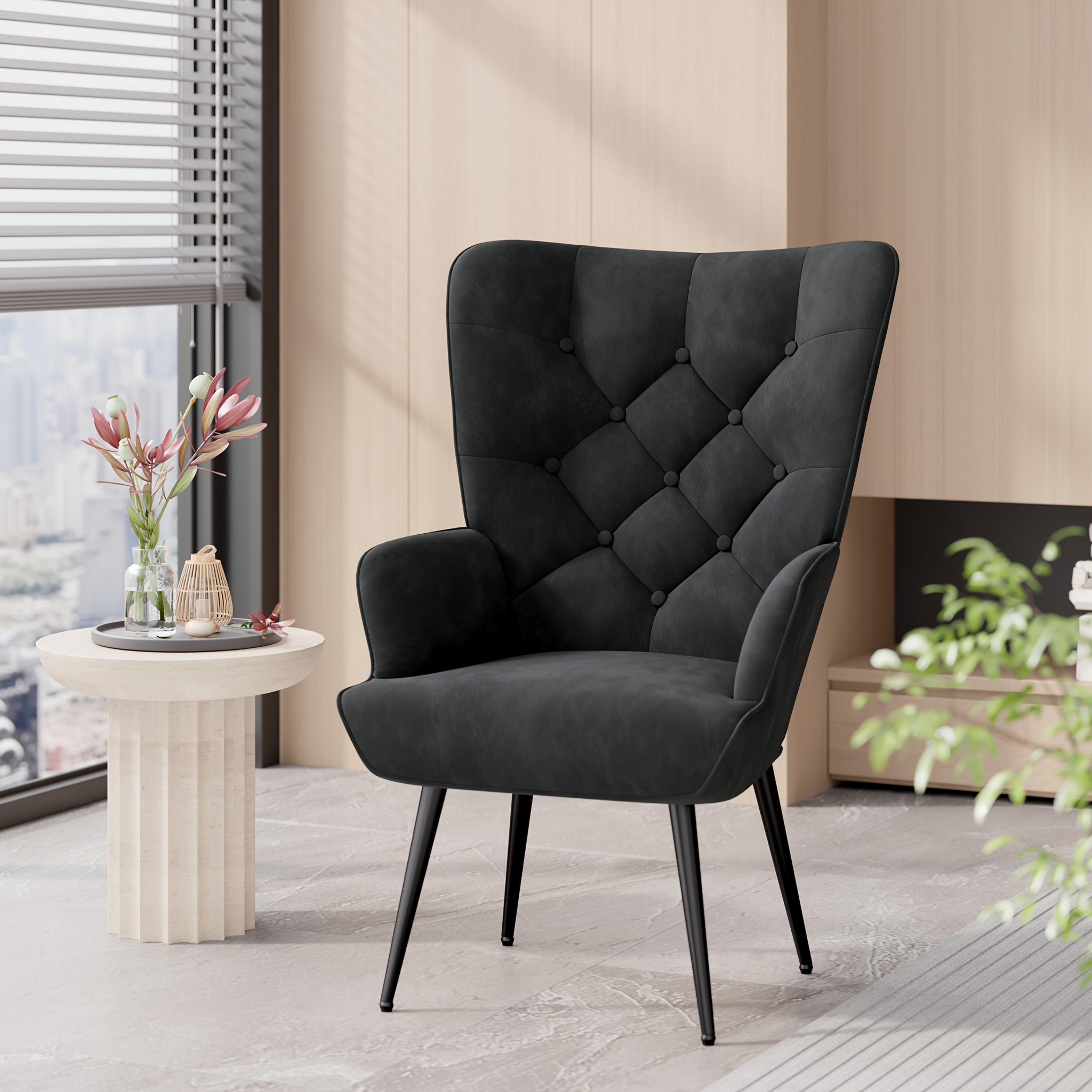 Accent Chair with Metal, Velvet Wingback Mid-Century High Back Metal - Black option