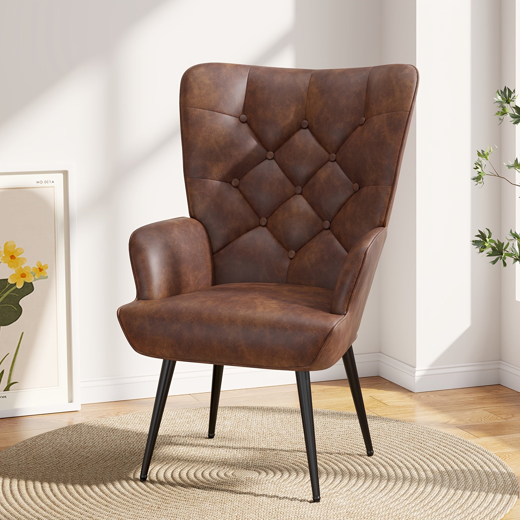 Accent Chair with Metal, Velvet Wingback Mid-Century High Back Metal - Brown option