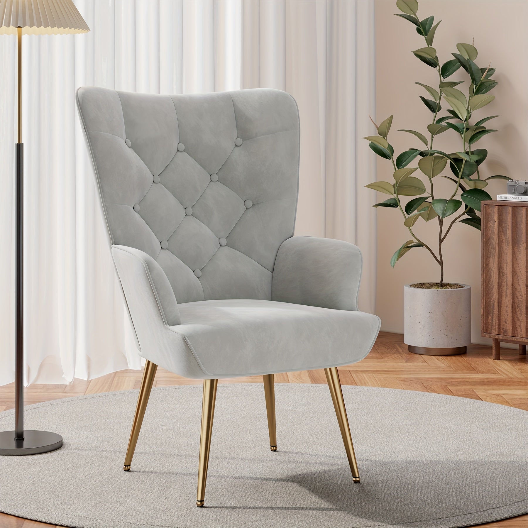 Accent Chair with Metal, Velvet Wingback Mid-Century High Back Metal