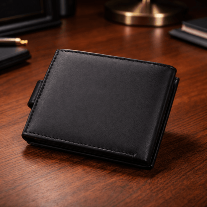 Mens Genuine Leather Wallet Black RFID Blocking Soft Bi Fold Card Slots and Coin Pocket