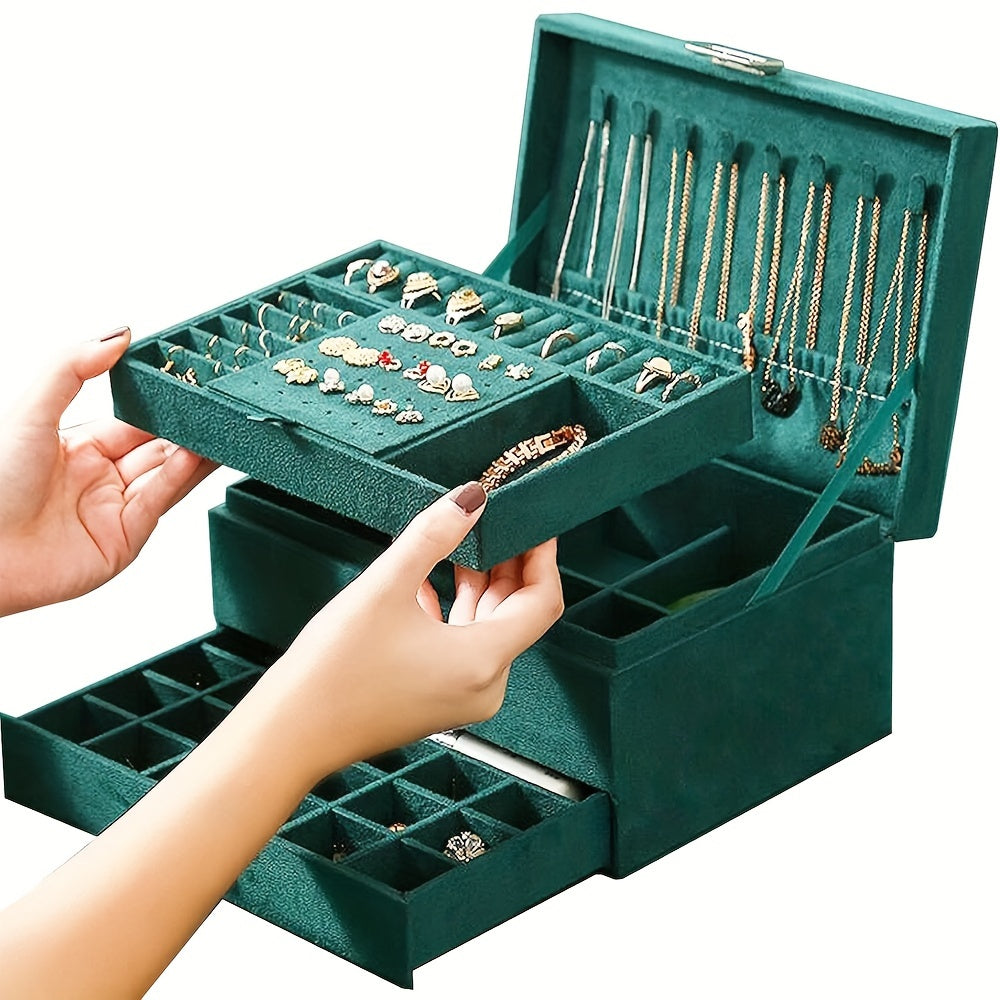 1 Deep Green Luxury Jewelry Storage Box for s, High-End Three-Tier Drawer Jewelry Organizer with Large Capacity, Ideal Gift Choice for Necklaces, Earrings, Rings, and Bracelets