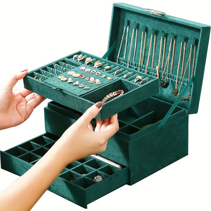 1 Deep Green Luxury Jewelry Storage Box for s, High-End Three-Tier Drawer Jewelry Organizer with Large Capacity, Ideal Gift Choice for Necklaces, Earrings, Rings, and Bracelets