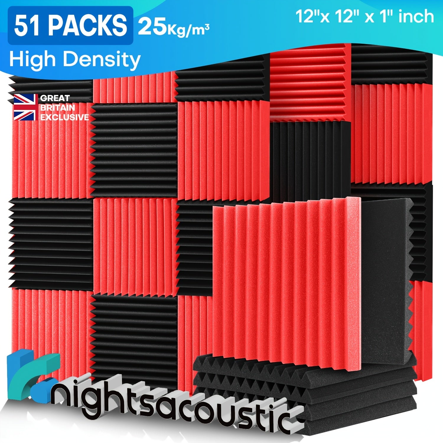 Acoustic Foam Panel with 95 Pack, Panels Red Black 12x12x1 Inch Wedge - Black & Red, 51 pack option