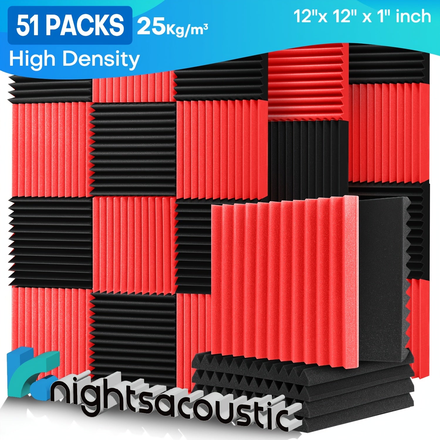 Acoustic Foam Panel with 95 Pack, Panels Red Black 12x12x1 Inch Wedge