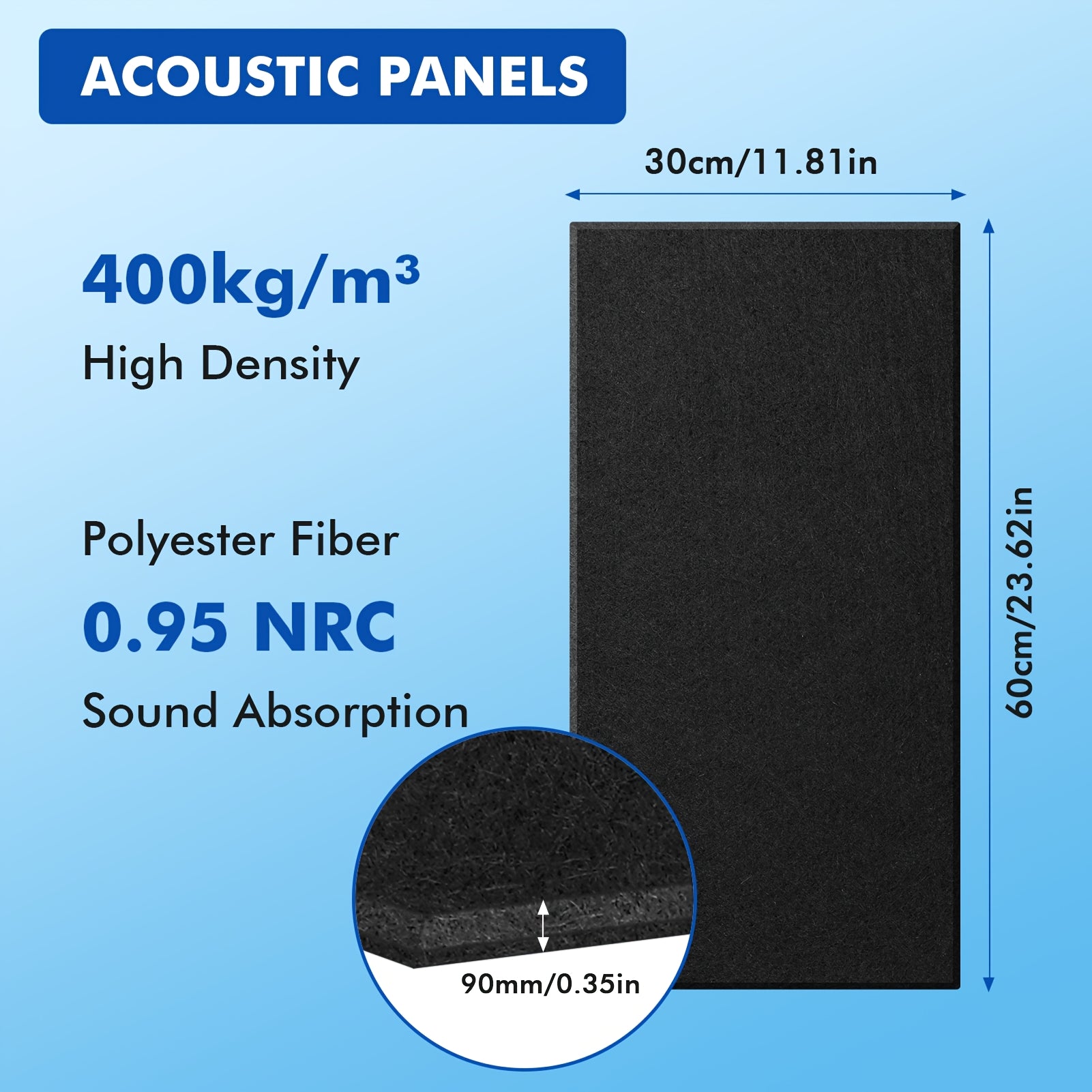 Acoustic Panel with Self-Adhesive, 400kg, 9cm, 16 Pack - Black option