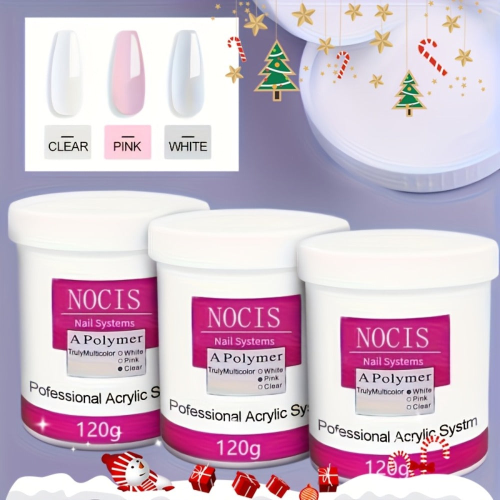Acrylic Nail Powder with 120g, Glass, Cover Pink, Clear White Polymer 3D