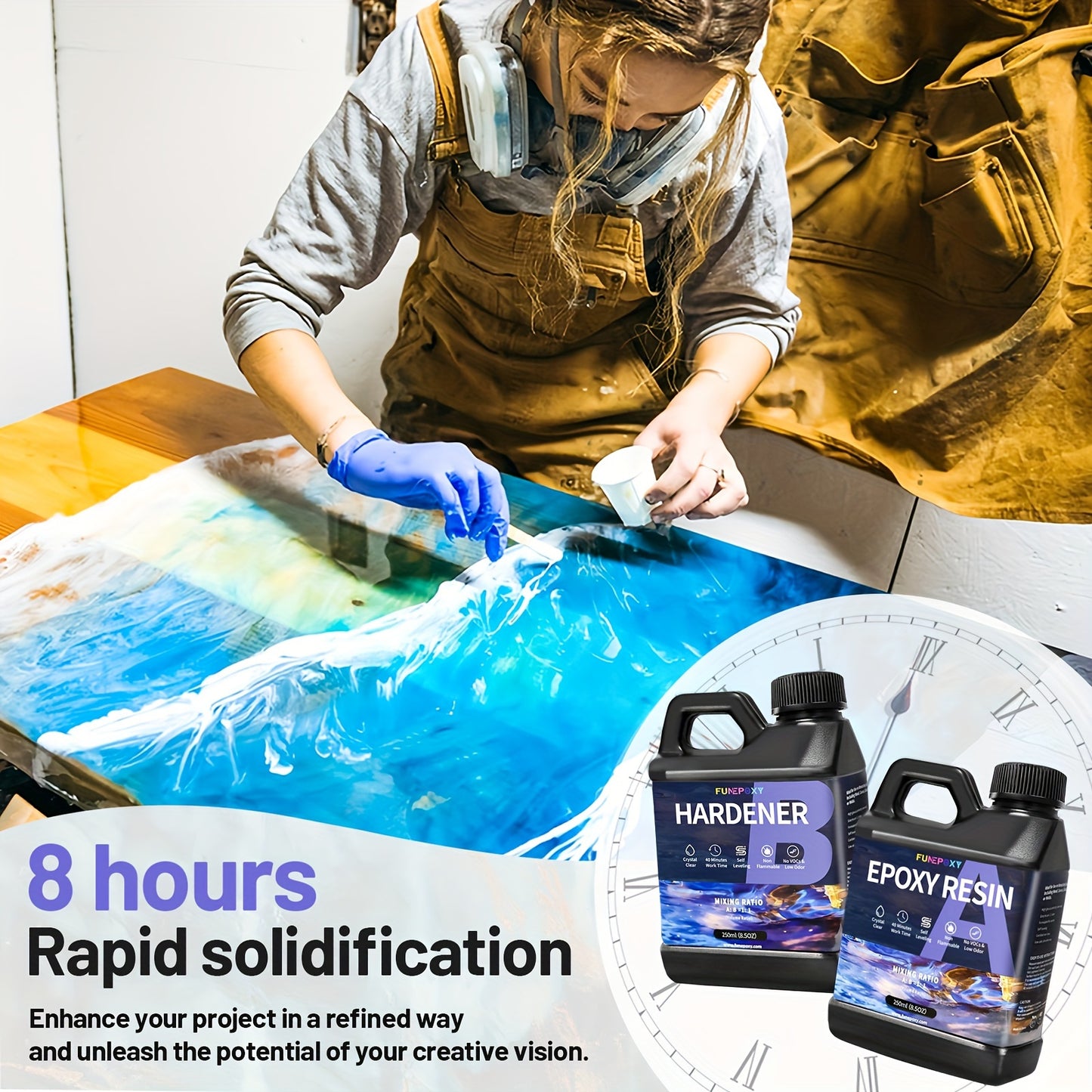 FUNEPOXY Epoxy Resin 500ML Kit - Crystal Clear, Resistant, Self Leveling, Safe for Table Top, Arts & Crafts, Casting, Jewelry Making, And Coating - Use with Mica Powder, Alcohol Ink