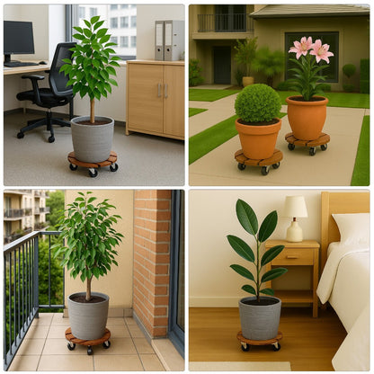 Wooden Plant Caddy with Wheels 30cm Round Pack of 2 – Rolling Plant Stand with Lockable Caster Wheels, Heavy Duty 200lb Capacity, Indoor Outdoor Garden Pot Dolly, UK Stock