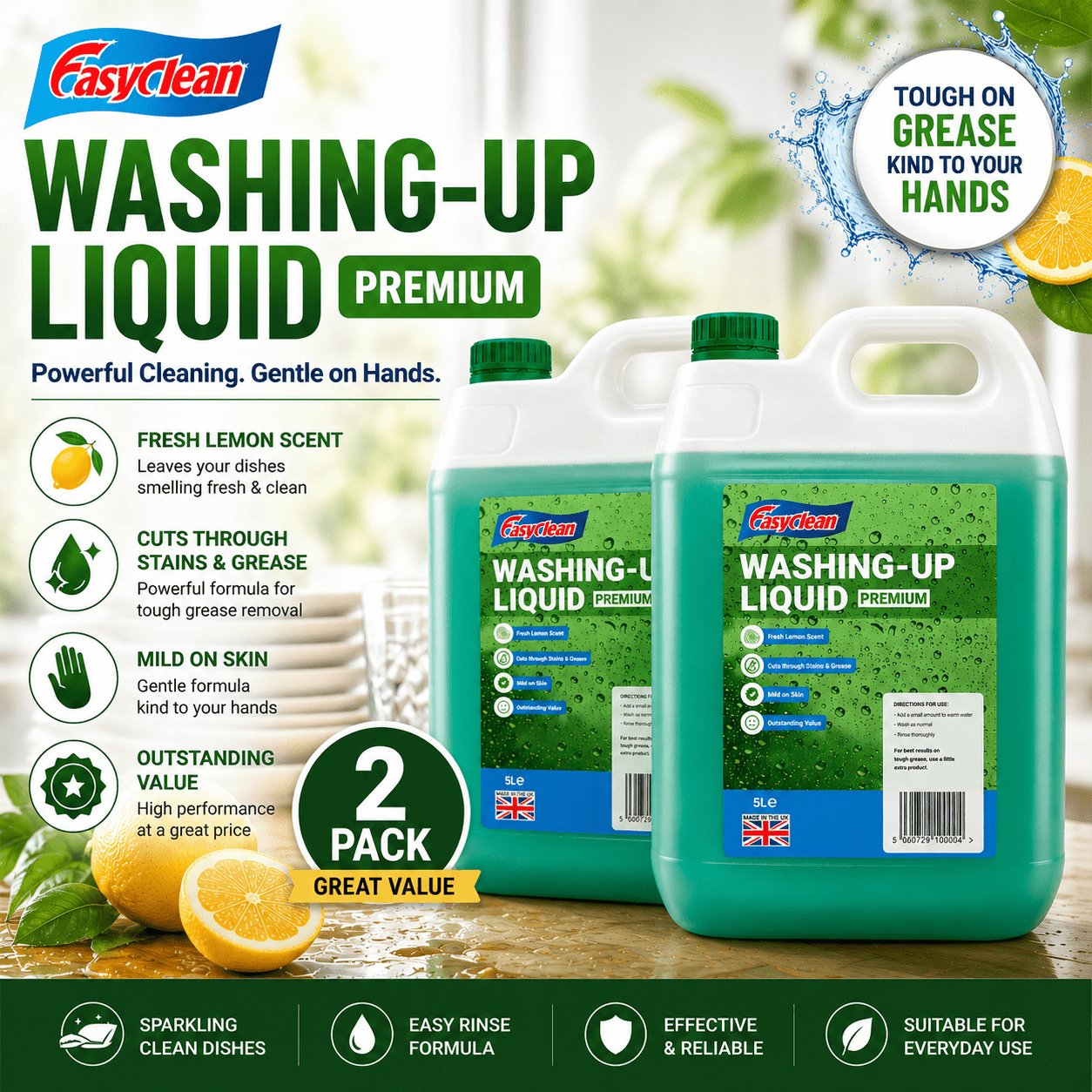 EasyClean Washing Up Liquid 5L Refill - Fresh Lemon Fragrance Non Bio & Skin Sensitive Friendly Dish Wash Cleaner - Kitchens Cleaning Products