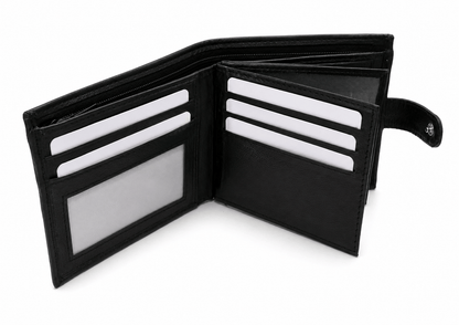 Mens Genuine Leather Wallet Black RFID Blocking Soft Tri Fold Card Slots Id Window and Coin Pocket