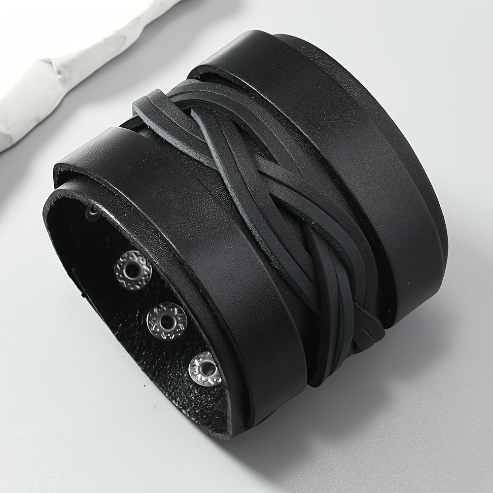 Simple and Adjustable Men's Wide Leather Bracelet, Trendy Punk Rock Bracelet