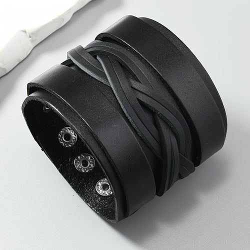 Simple and Adjustable Men's Wide Leather Bracelet, Trendy Punk Rock Bracelet