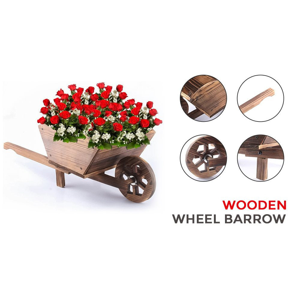 Wooden Wheelbarrow Planter | Wooden Planter for Outdoor | Wooden Flower Cart | Indoor plant Pot | Heavy Duty Rustic Wooden Flower Pot for Garden, Balcony and Patio