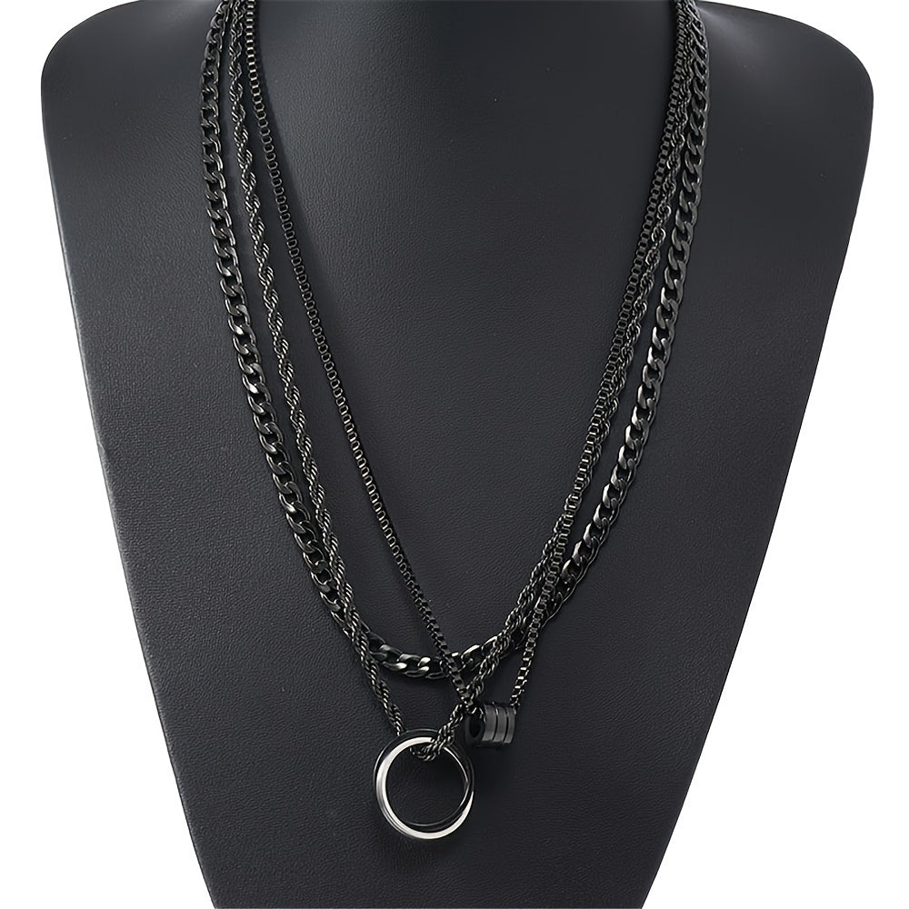 3pcs Black Stainless Steel Men's Cuban Link Twisted Chain Set, Suitable for Clothing Accessories