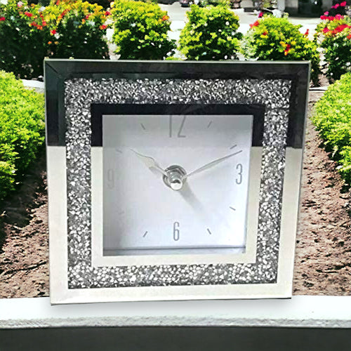 SERENA'S® Elegant Square Crushed Diamond Mantle Clock with Numerals – Mirrored Glass Design for Stylish Desk or Table Décor – Perfect for Home or Office – 14 cm x 14 cm