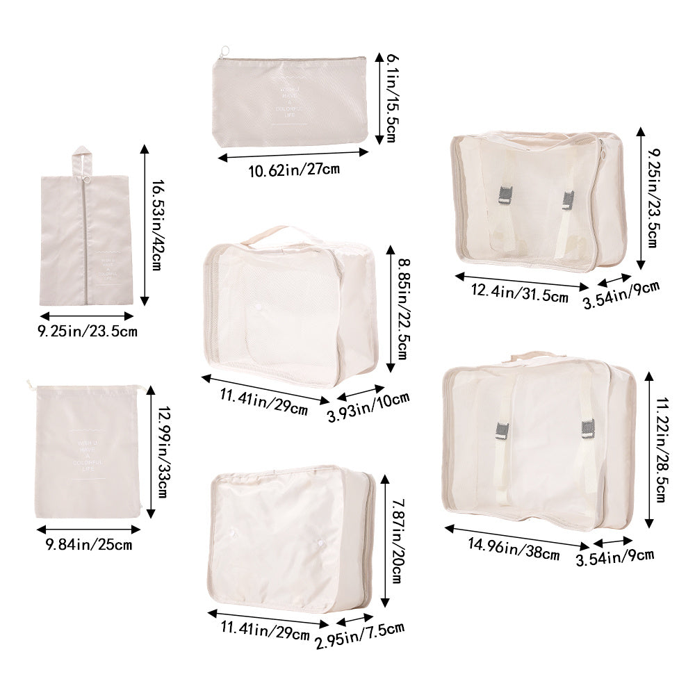 Packing Cubes Set of 7 for Suitcase – Travel Organiser Bags for Clothes, Shoes, Toiletries & Accessories, Oxford Fabric Luggage Sorting Pouches for Holiday & Business Travel in Grey, Pink, Blue & Beige