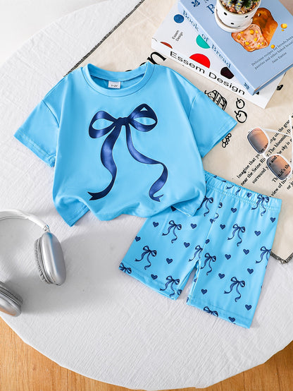 2pcs Set of Casual Loose-fitting Round-neck Short-sleeve T-shirt and Shorts for Girls Aged 1-6, Featuring Cute Heart and Bowknot Prints, Suitable for Daily Wear, Outings, Home, and School in Spring and Summer, Perfect for Outdoor