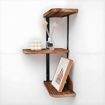 Rustic 3-Tier Corner Shelf Wall Mounted Wooden Floating Storage Rack for Bedroom Living Room Bathroom Kitchen Office Antique Display with Durable Metal Brackets
