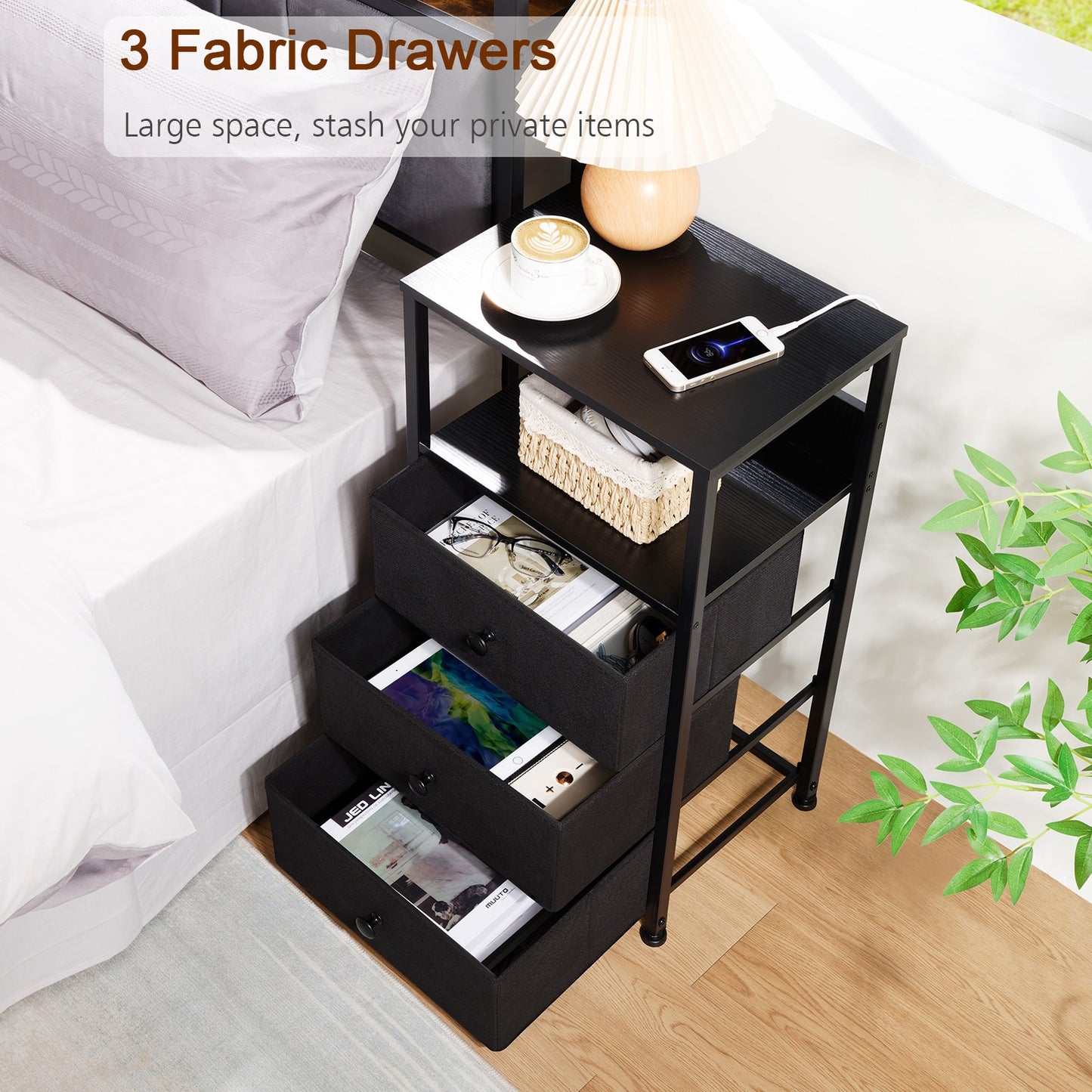 AMHANCIBLE 1pc Bedside Table with Charging Station, Side Table with LED Light, Nightstand with 3 Fabric Drawers And Open Storage Shelf, Bedside Cabinet for Bedroom, Living Room