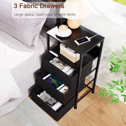 AMHANCIBLE 1pc Bedside Table with Charging Station, Side Table with LED Light, Nightstand with 3 Fabric Drawers And Open Storage Shelf, Bedside Cabinet for Bedroom, Living Room