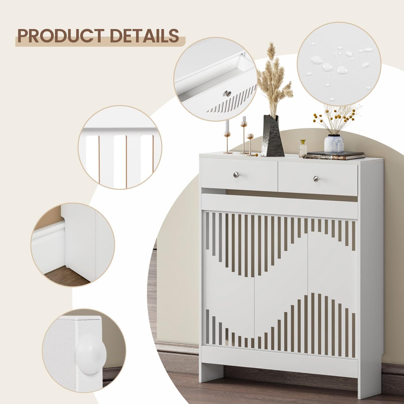 Radiator Cover with 78cm, 109cm, Wood, White MDF Drawers Storage Modern Contemporary