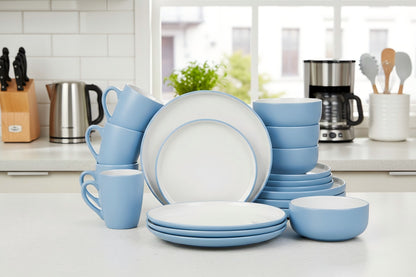 *** NEW *** Waterside 16pcs Pastel 2tone Blue Stoneware Dinner Set; 4 Dinner Plates, side Plates, Deep Bowls and Mugs