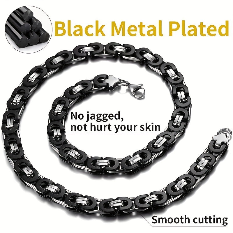 1pc Stainless Steel Black Flat Byzantine Chain Link Necklace For Men And Women, Available In 6mm, 8mm And 10mm Width And 18-28 Inches Length