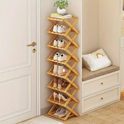 Space-Saving Bamboo Shoe Rack - Vertical Narrow Foldable 4-8 Layer Shoe Rack, Multi-Layer Design Free Installation Retractable Shoe Rack, Small Narrow Doorway Home, Multi-layer Simple Shoe Cabinet Portable Shoe Rack Organizer, Long Shoe Rack, Rack Shoes,