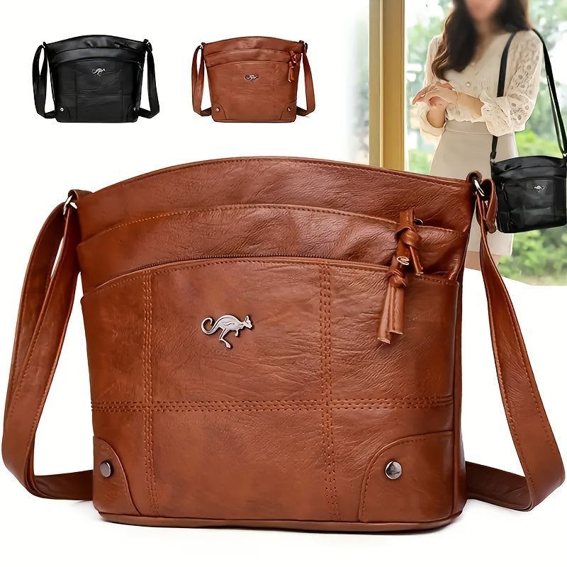 Vintage Kangaroo Crossbody Bag for Women – Small Adjustable Shoulder Purse with Multiple Pockets & Zipper Closure | Black & Brown | Free UK Delivery