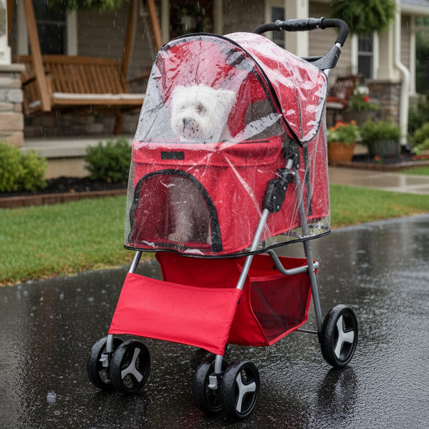 Foldable Pet Stroller With Rain Cover, Portable Foldable Outdoor Walking Cart with Large Space, Hand-Pull Design, Durable Oxford Fabric, Ergonomic Handle & Ventilation Mesh, Lightweight & Sturdy Frame For Small To Medium Dogs - Outdoor Pet Carrier, Modern