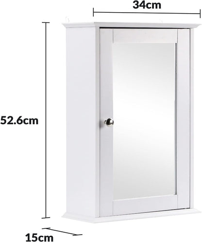 Single Door Mirrored Bathroom Cabinet Storage Cupboard Organiser Wall Mounted Mirror Cabinet with Adjustable Shelf 34cm x 15cm x 53cm