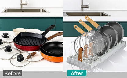 Expandable Pan Lid Organiser Rack 7/10 Adjustable Dividers, Anti-slip Pantry Cupboard Organiser Kitchen Drawer Bakeware Plate Holders for Pots, Pans, Chopping Board, Saucepan, Baking Trays
