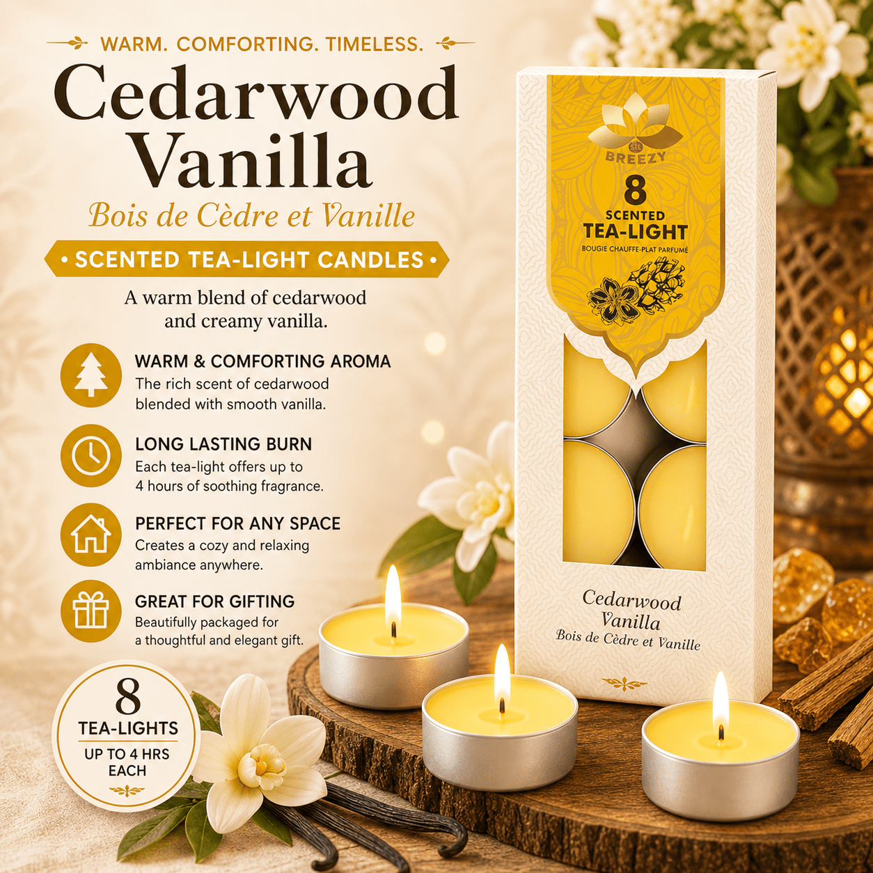 Scented Tea Lights - 8 Pack Strong Fragrance Tea Light Candles, Long Lasting Candle Tealights for Home Decor, Wax Burners & Relaxation
