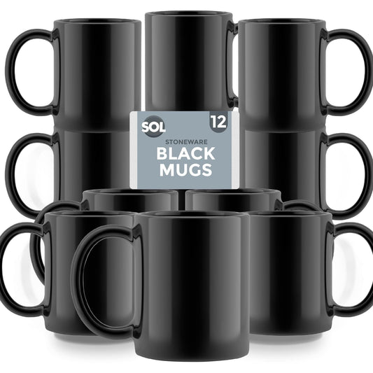 SOL 12-Pack Black Mugs Set, 11oz | Stoneware Ceramic Coffee & Tea Mugs | Durable Plain Black Cups for Home, Office, Café & Restaurant | Stackable Everyday Drinkware | Dishwasher & Microwave Safe Hot Beverage Mug Set