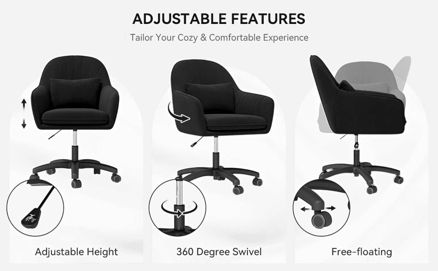 Velvet Swivel Desk Chair with Pillow & Height Adjustment – 360° Rotatable Home Office & Vanity Chair, Memory Foam Seat, Up to 150kg, for Study Room & Bedroom