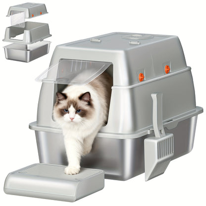 Stainless Steel Litter Tray with Lid, Enclosed Litter Box, Hinged Lid for Easy Cleaning, Includes Pedal And Scoop, Modular Design, 61L X 41W X 40H Cm, Light Grey