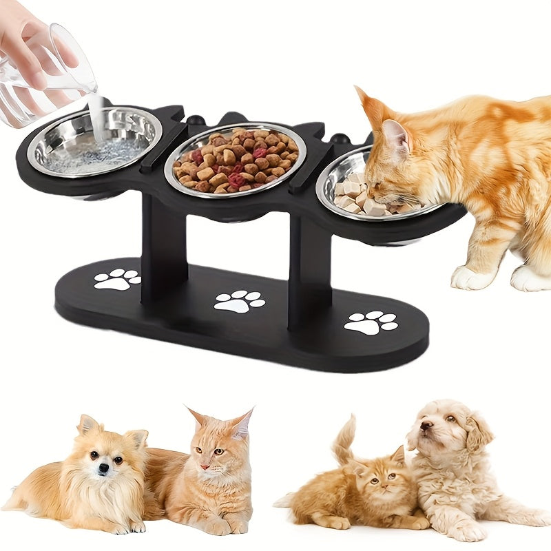 Adjustable Three Bowl Dog Cat Feeder with Adjustable Height, Non-Slip