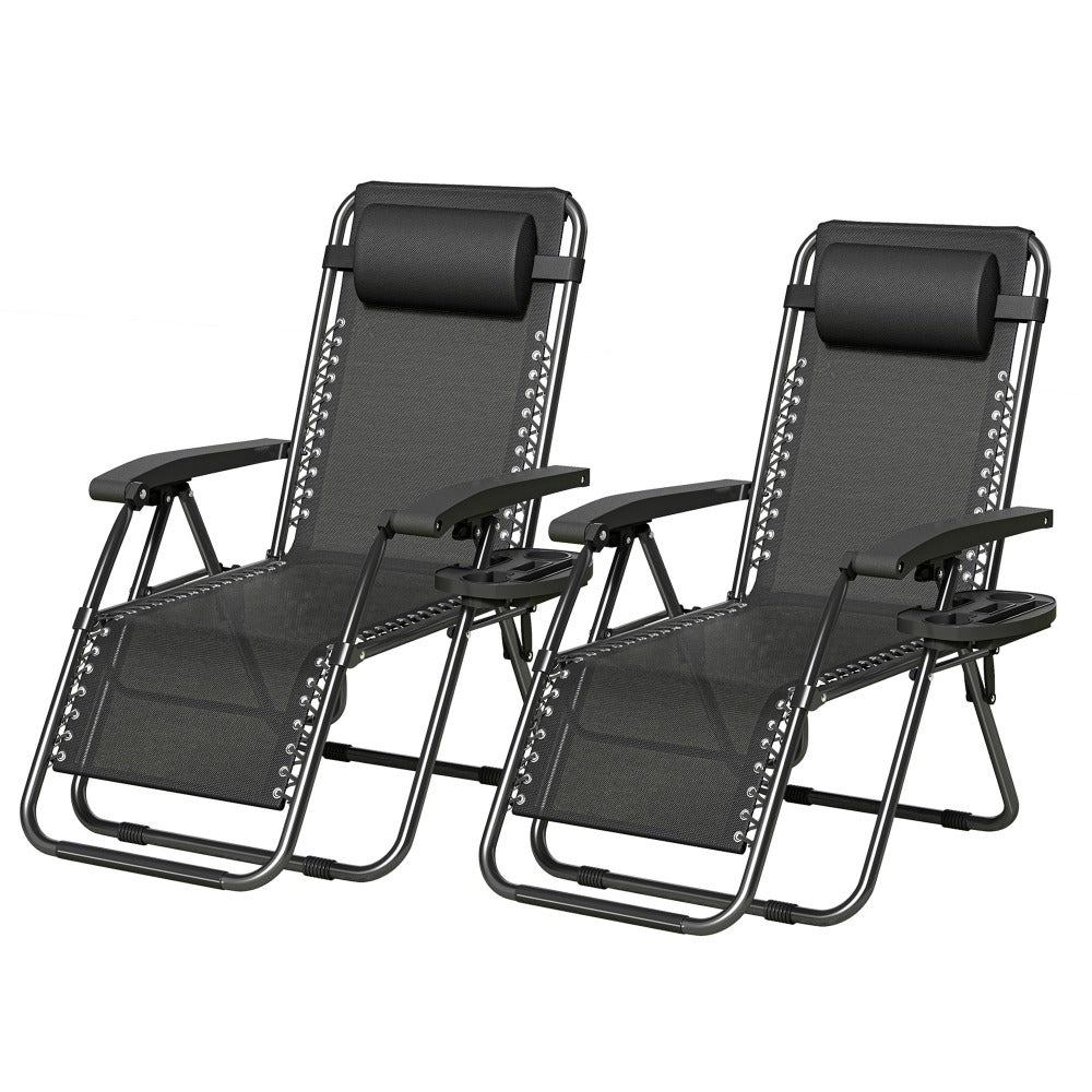 Zero Gravity Chair Foldable Reclining Outdoor Patio Lounge Chair with Padded Pillow Armrest Footrest Cup Holder Textilene Fabric Camping Garden Sunlounger Set of 1 or 2